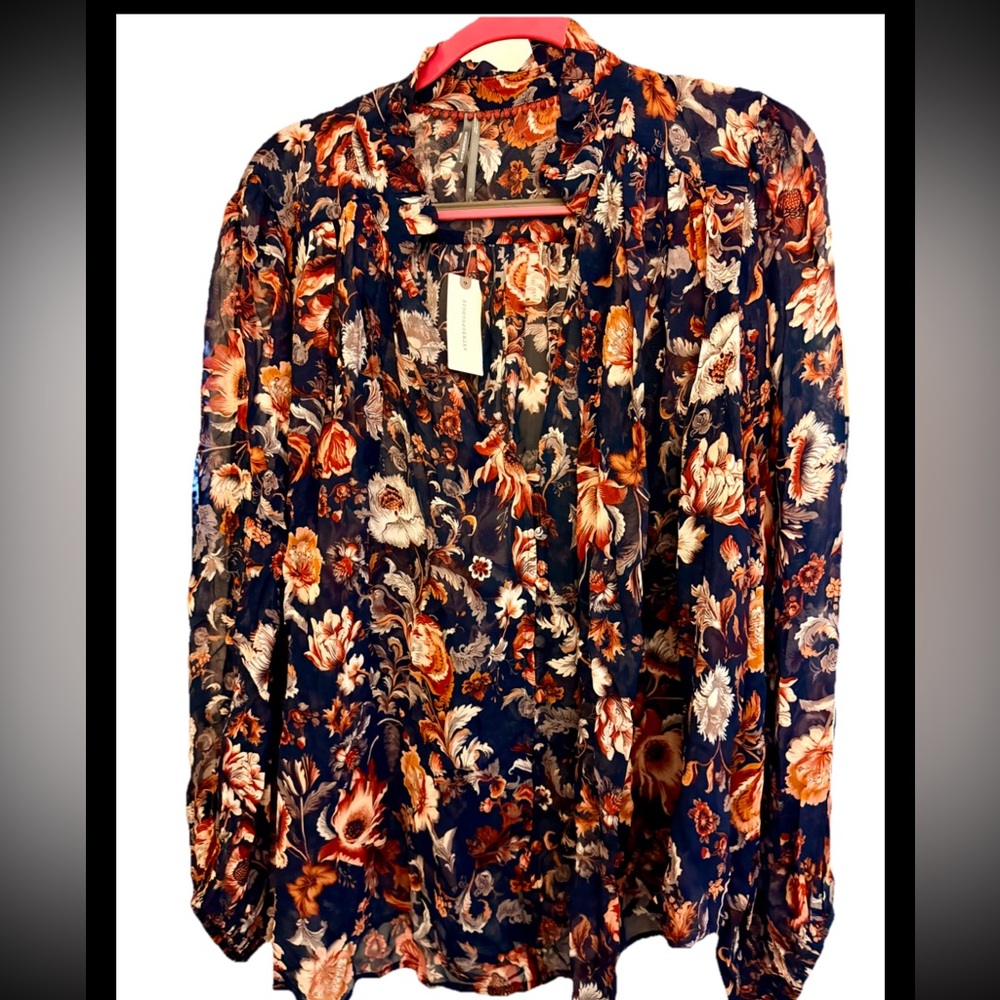 ANTHROPOLOGIE Estela Sheer Navy Cream Romantic Floral Balloon Sleeve Blouse XL